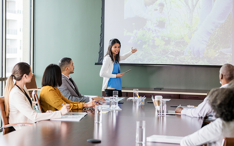 Image of a woman discussing environmental corporate responsibility in a boardroom.
